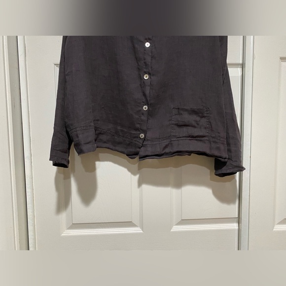 FLAX Long Sleeve Peplum Blouse Shirt Charcoal Button Linen Lagenlook Size Large - Picture 2 of 10